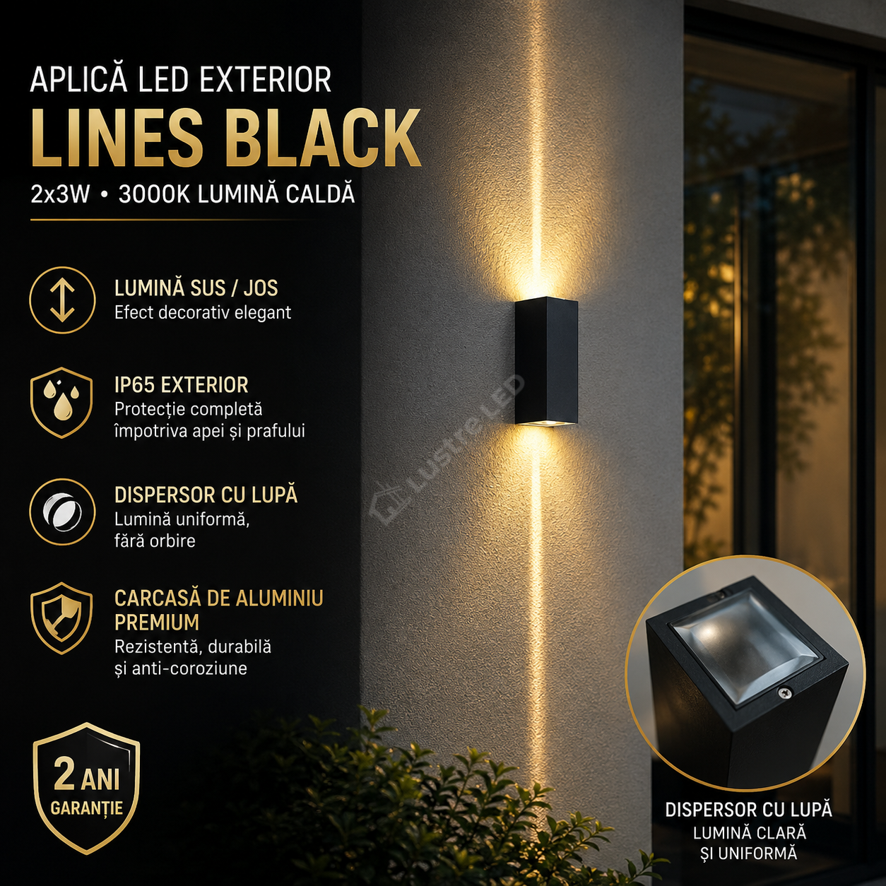 Aplica LED LINES Black 2x3W 3000K IP65