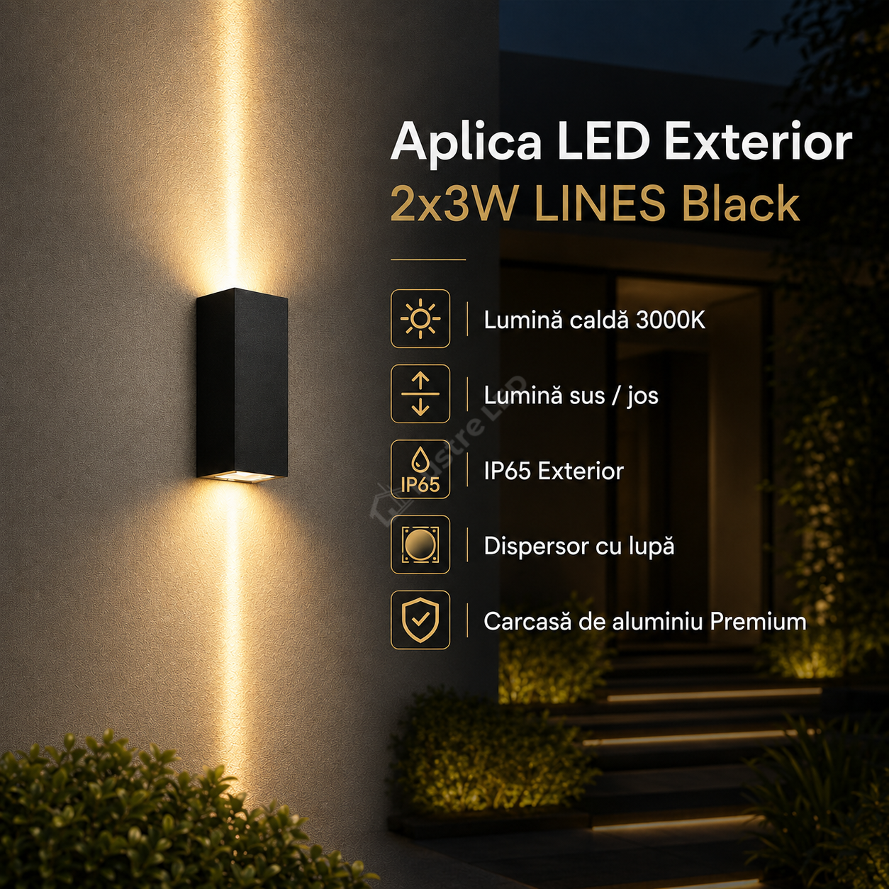 Aplica LED LINES Black 2x3W 3000K IP65