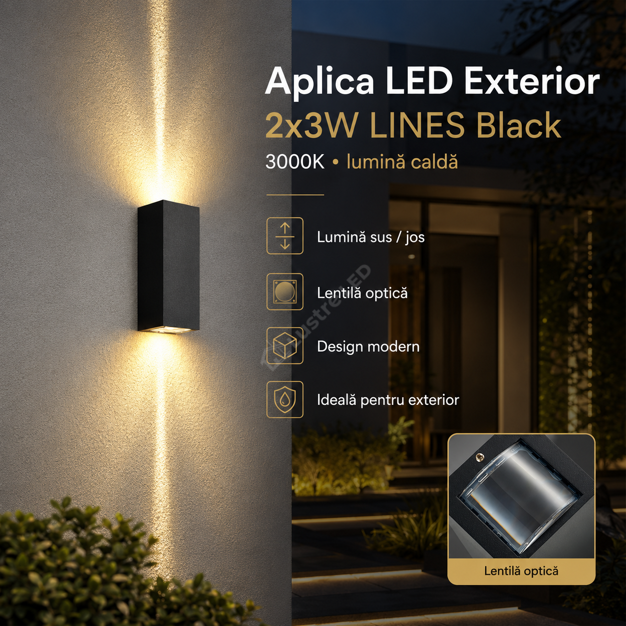 Aplica LED LINES Black 2x3W 3000K IP65