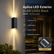 Aplica LED LINES Black 2x3W 3000K IP65