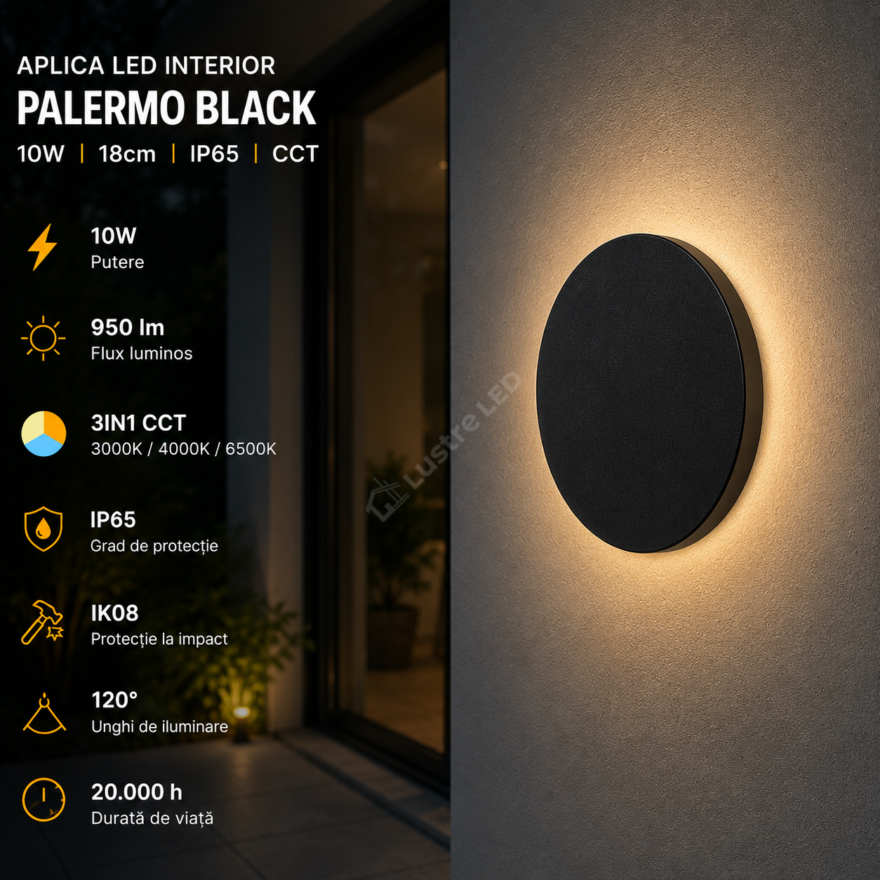 Aplica LED PALERMO Black 10W 950lm IP65 CCT