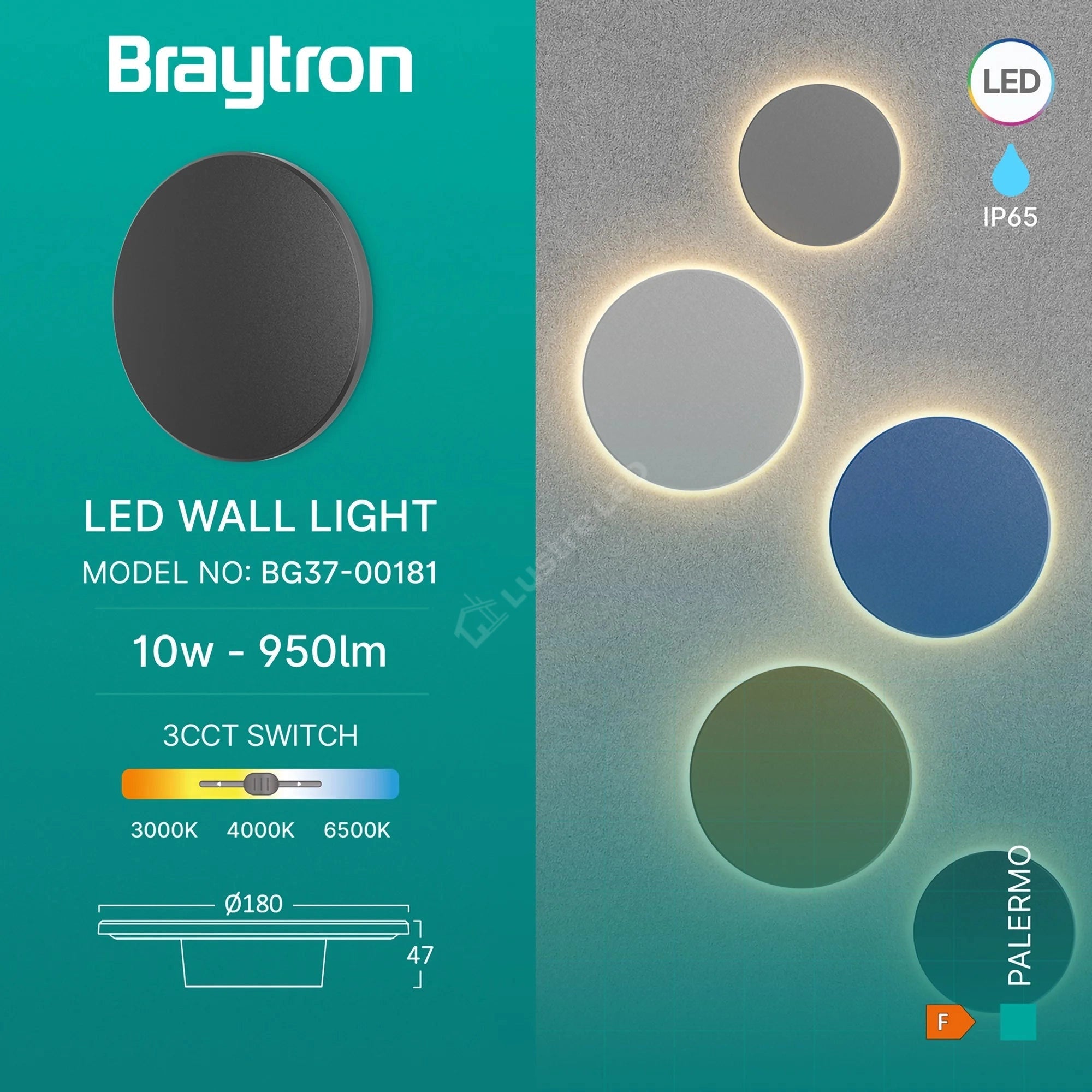 Aplica LED PALERMO Black 10W 950lm IP65 CCT