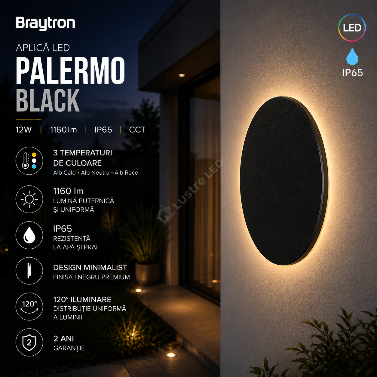 Aplica LED PALERMO Black 12W 1160lm IP65 CCT