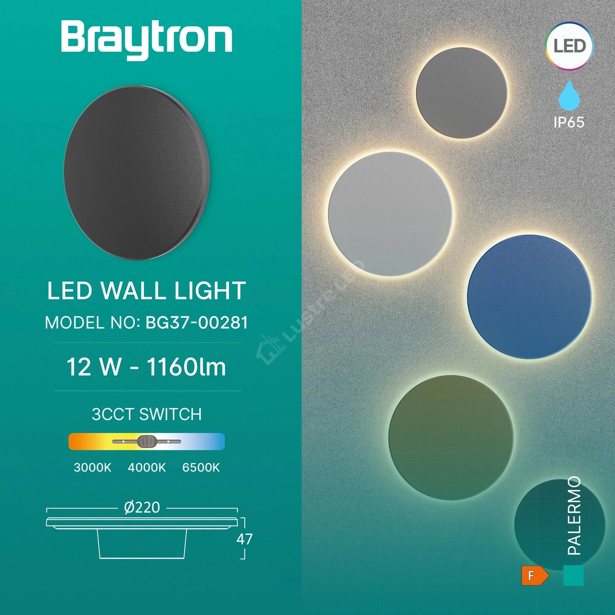 Aplica LED PALERMO Black 12W 1160lm IP65 CCT
