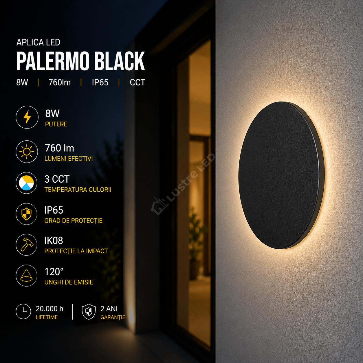 Aplica LED PALERMO Black 8W 760lm IP65 CCT