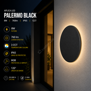 Aplica LED PALERMO Black 8W 760lm IP65 CCT