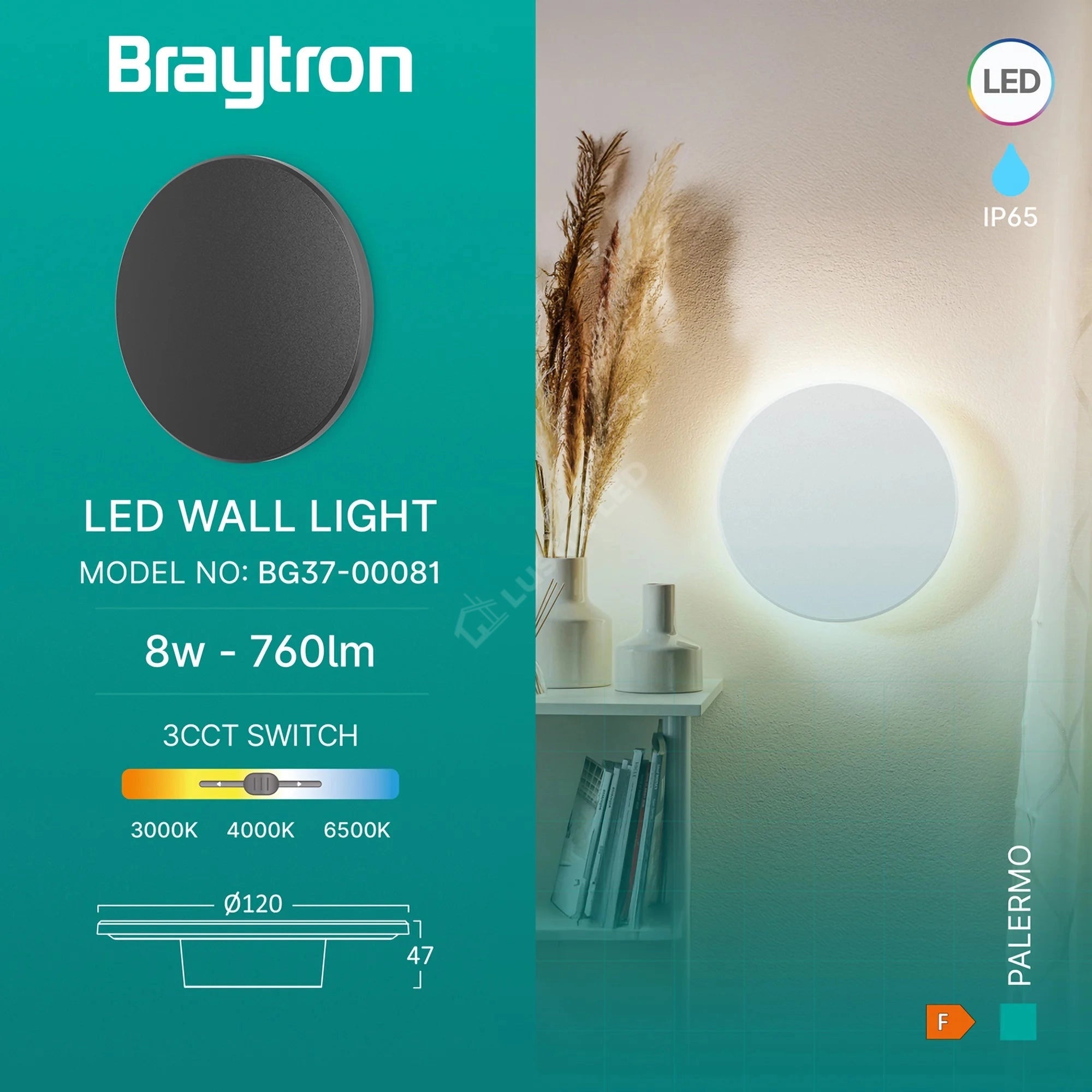 Aplica LED PALERMO Black 8W 760lm IP65 CCT