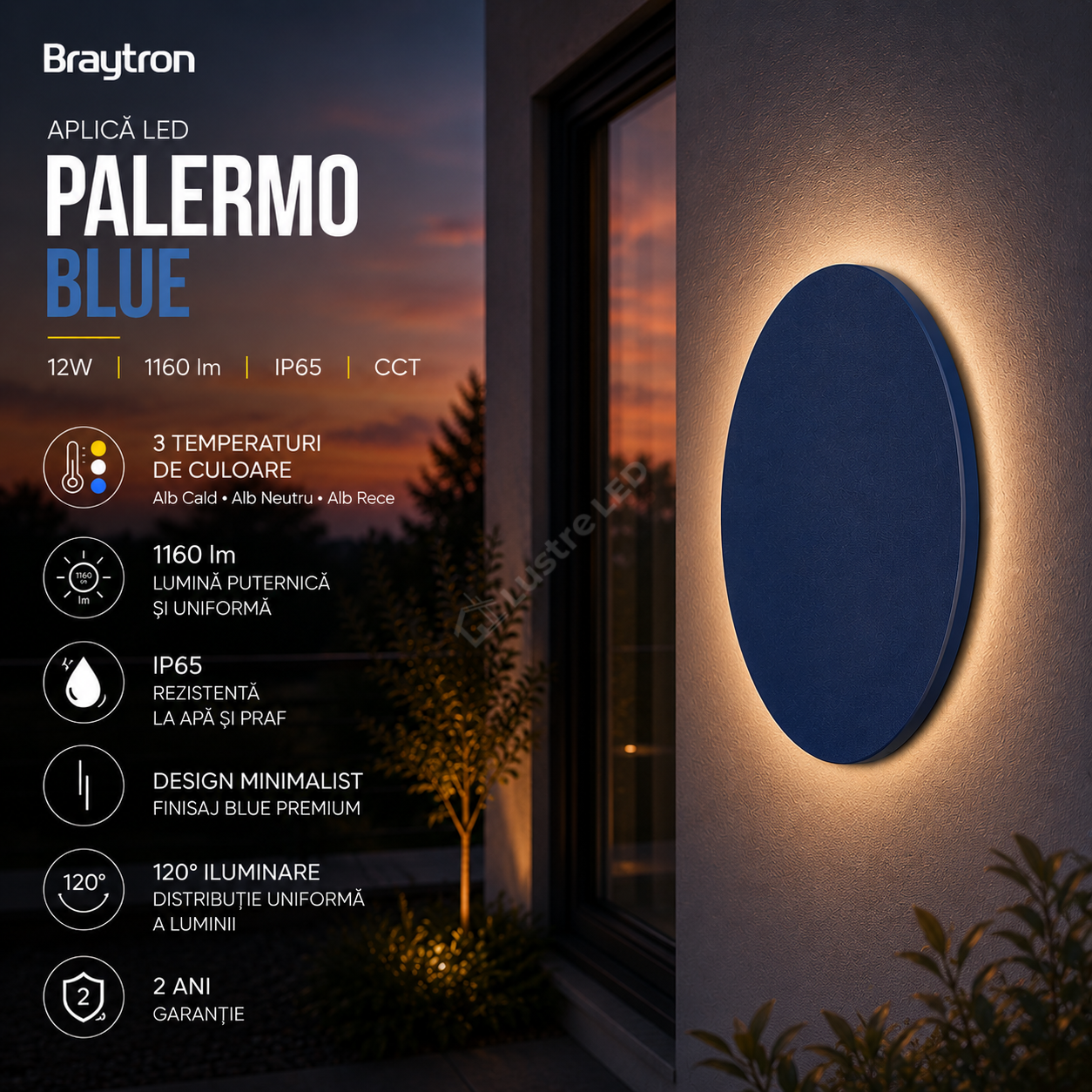 Aplica LED PALERMO Blue 12W 1160lm IP65 CCT
