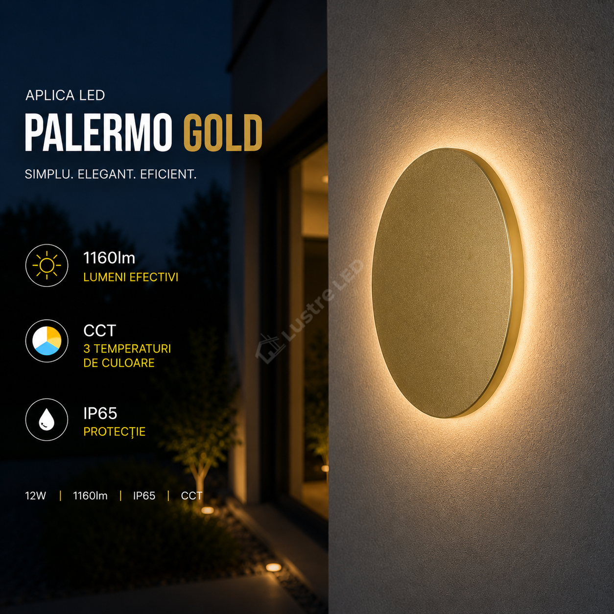 Aplica LED PALERMO Gold 12W 1160lm IP65 CCT