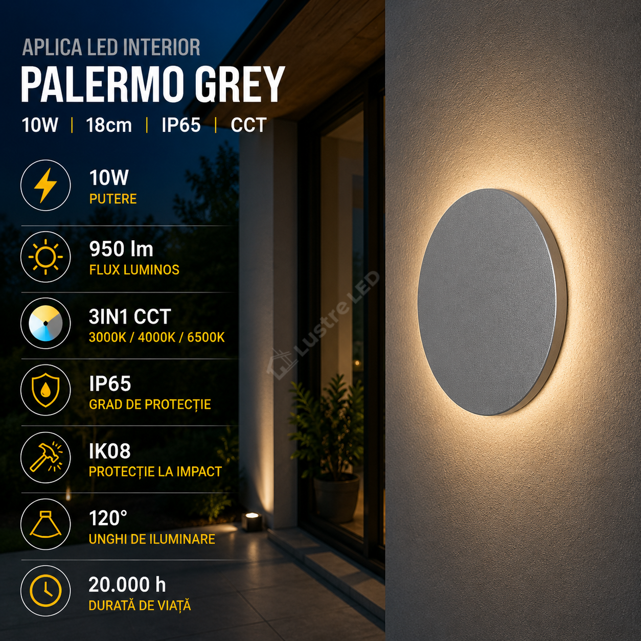 Aplica LED PALERMO Grey 10W 950lm IP65 CCT