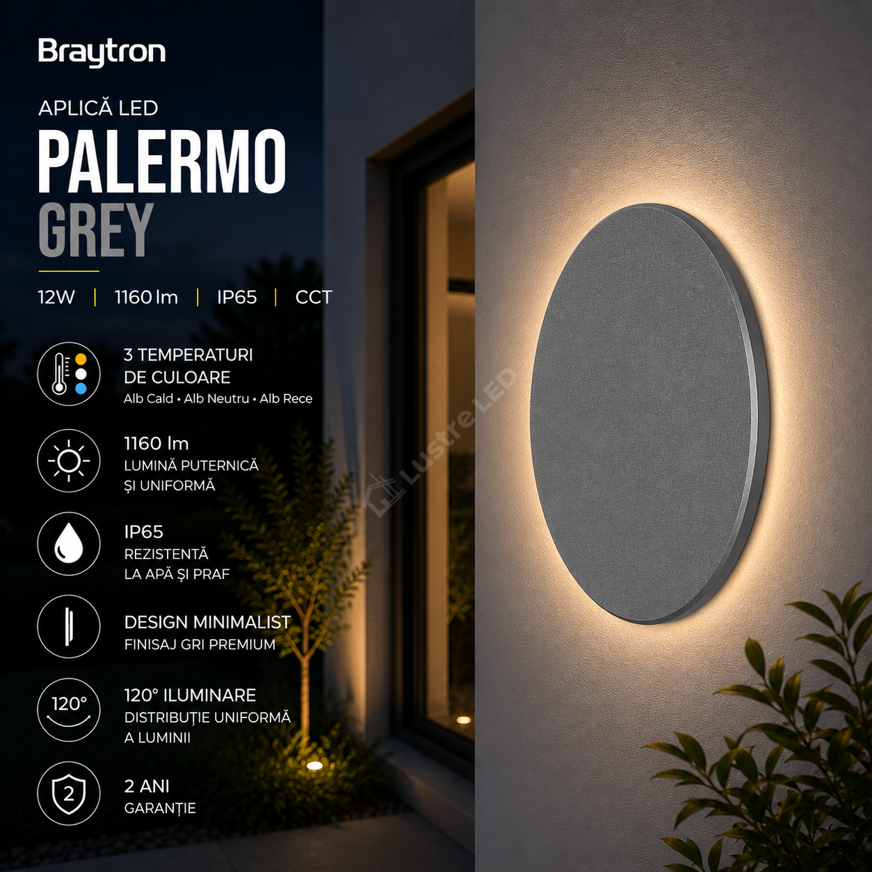 Aplica LED PALERMO Grey 12W 1160lm IP65 CCT