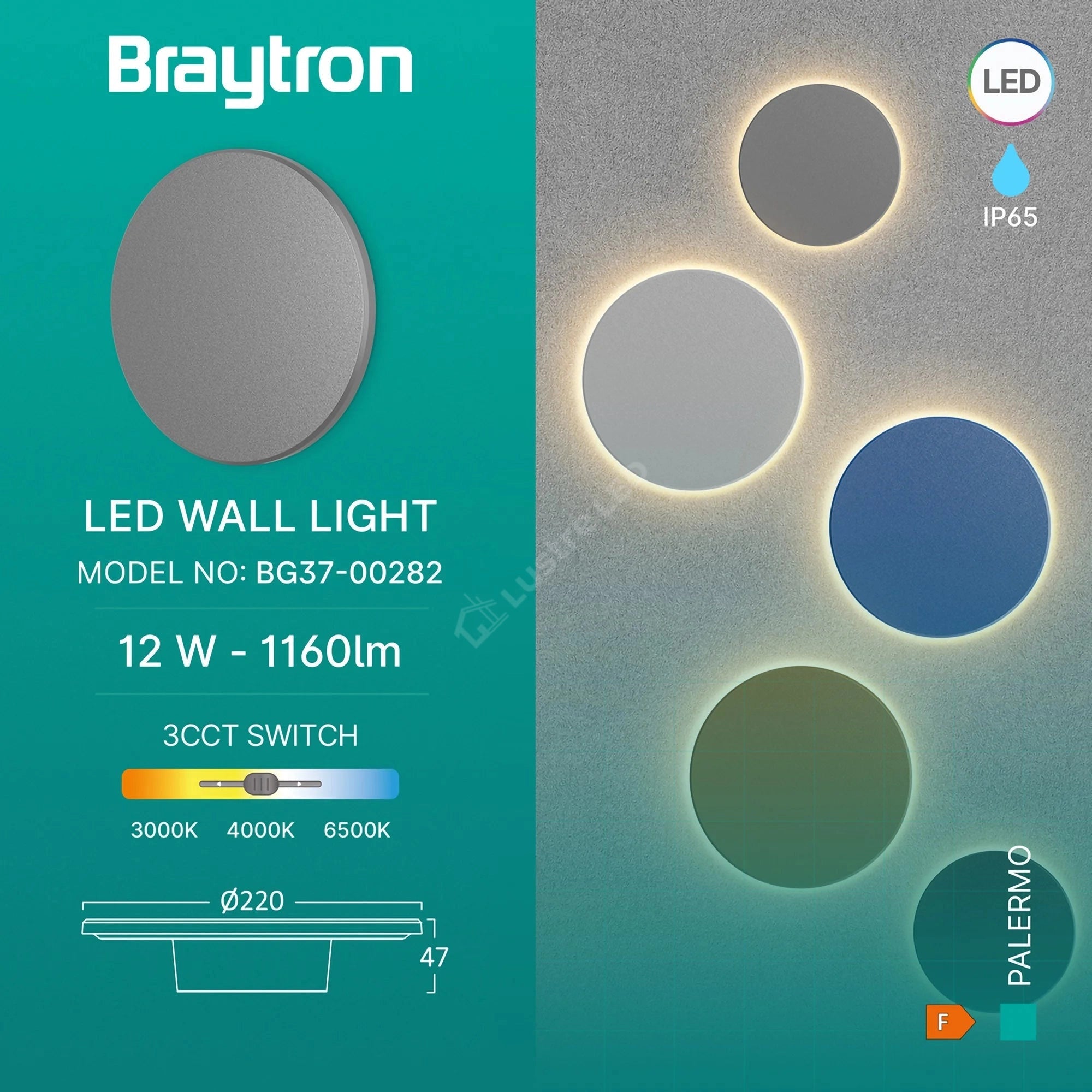 Aplica LED PALERMO Grey 12W 1160lm IP65 CCT