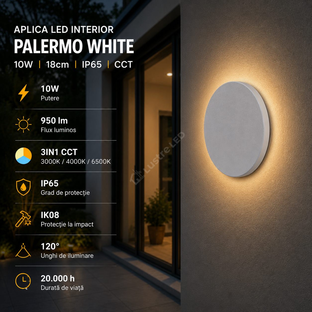 Aplica LED PALERMO White 10W 950lm IP65 CCT