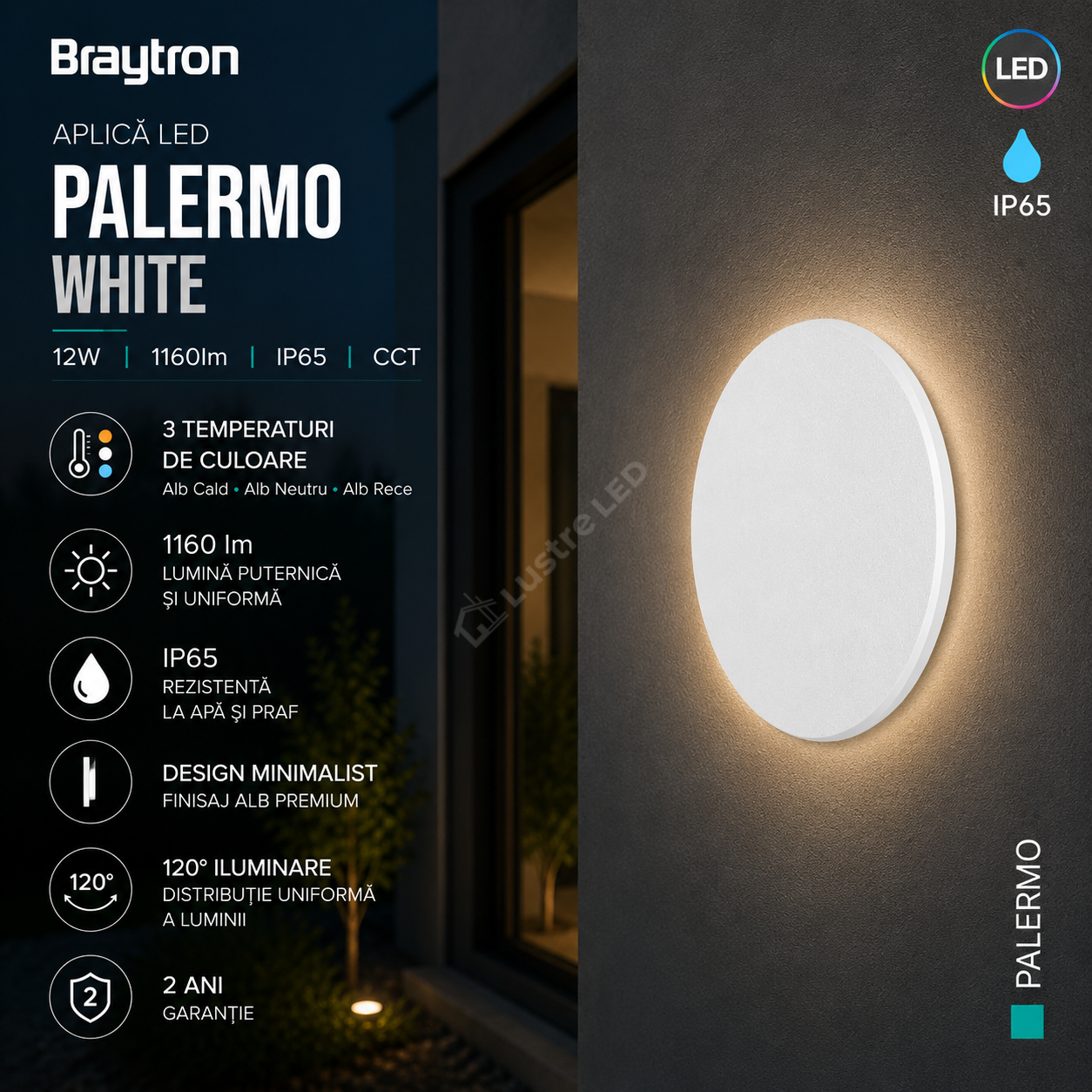 Aplica LED PALERMO White 12W 1160lm IP65 CCT