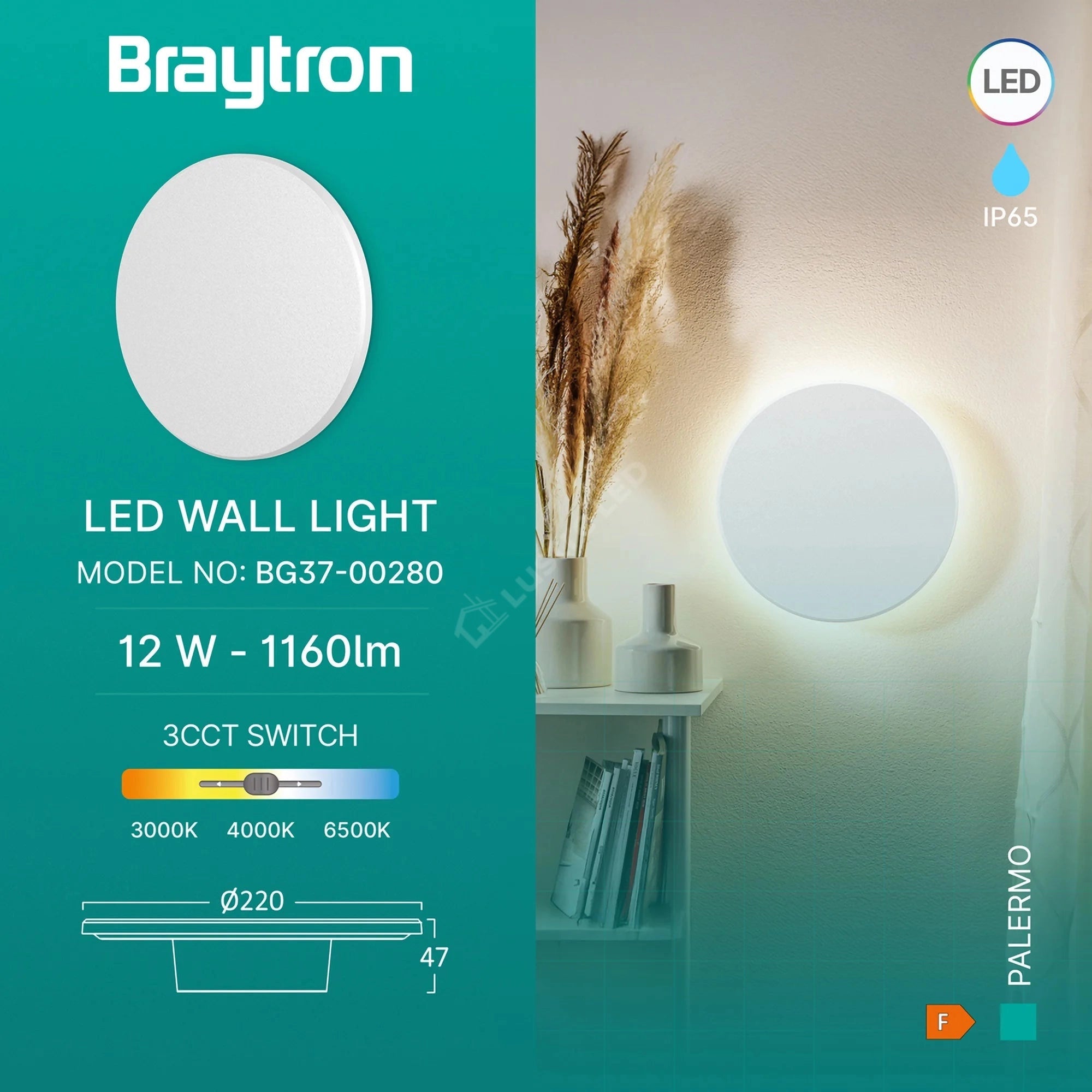 Aplica LED PALERMO White 12W 1160lm IP65 CCT