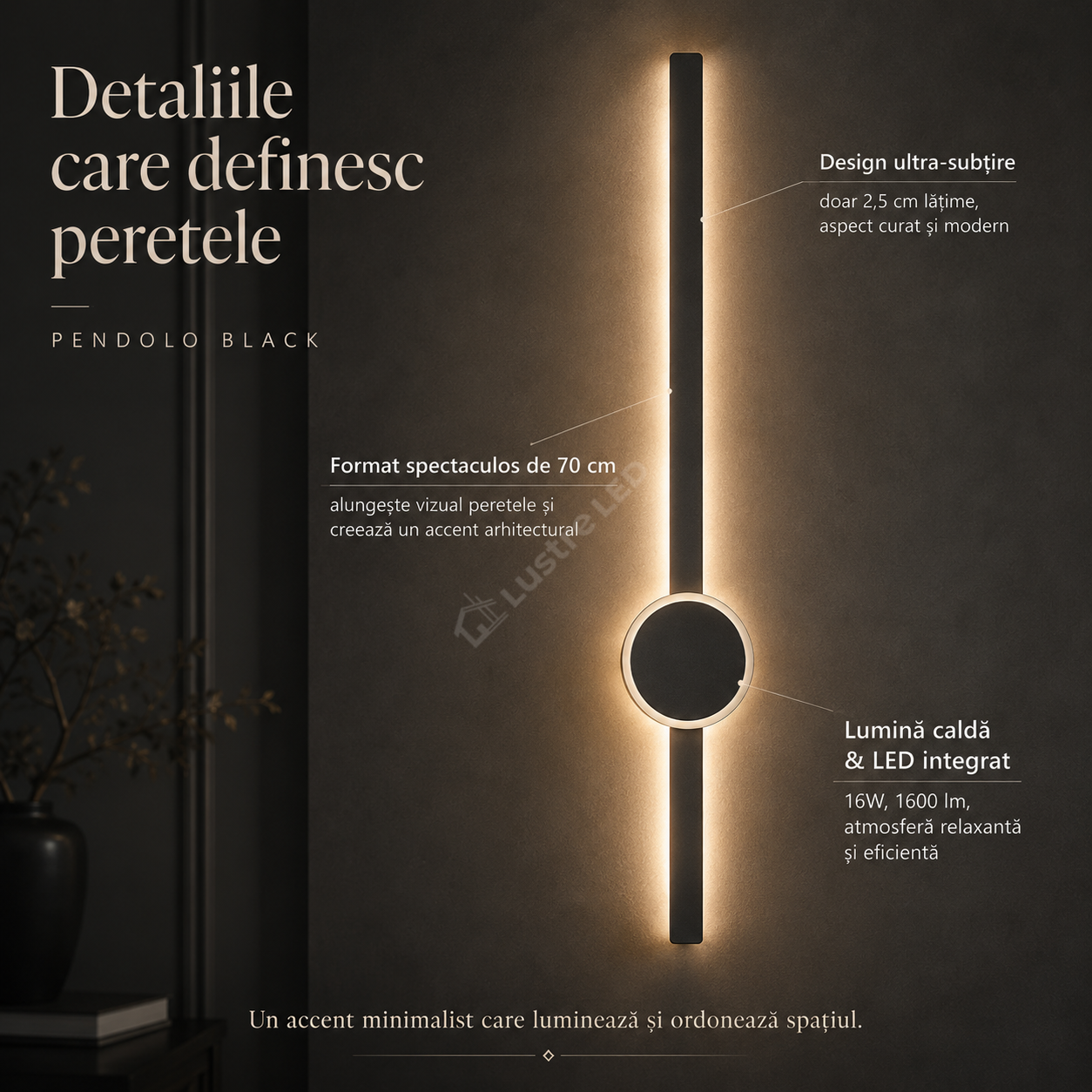 Aplica LED PENDOLO Black 70CM Echivalent 100W