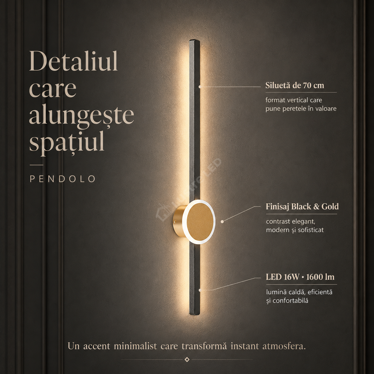 Aplica LED PENDOLO Black&Gold 70CM Echivalent 100W