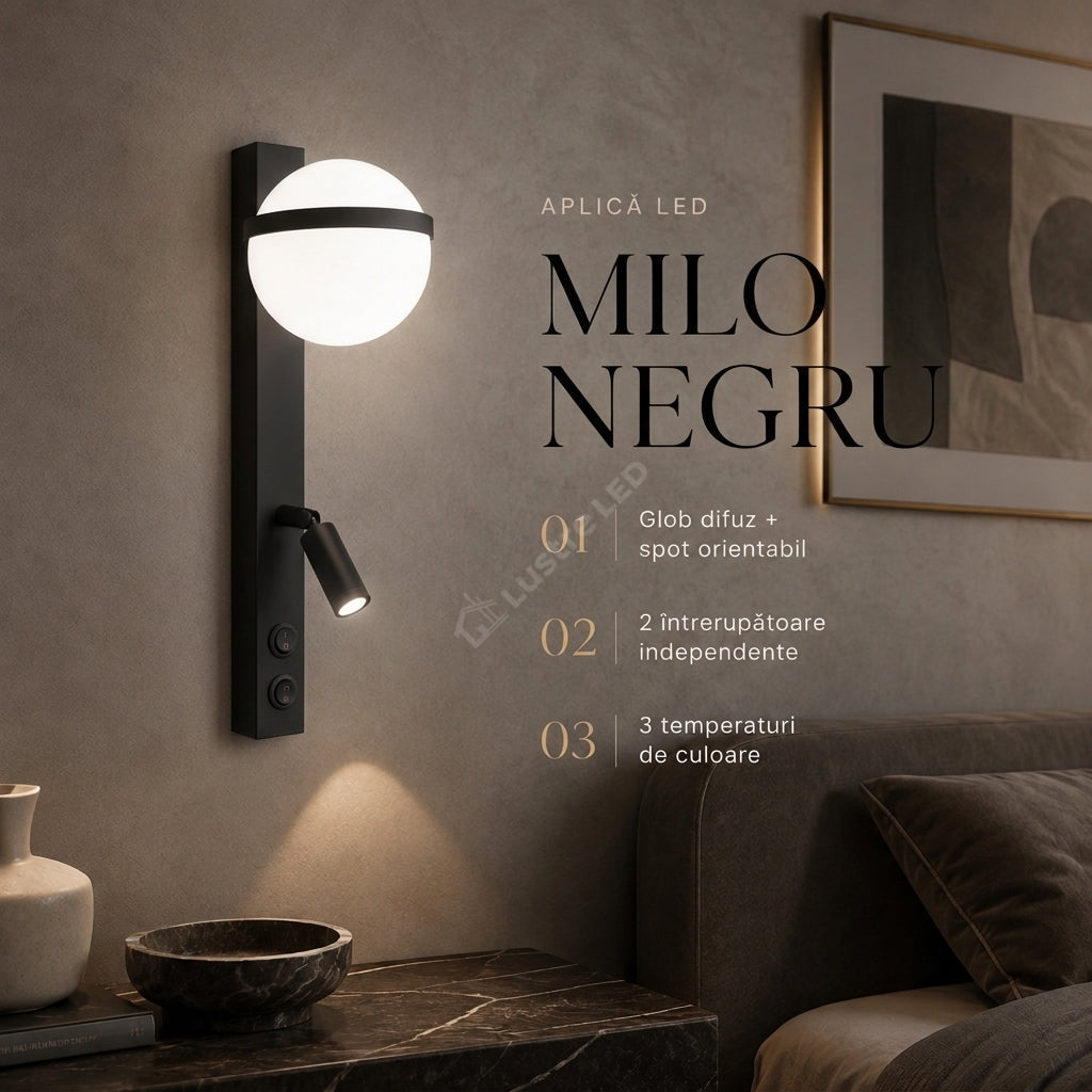 Aplica LED Perete MILO Black cu Spot Orientabil 6.8W Echivalent 34W