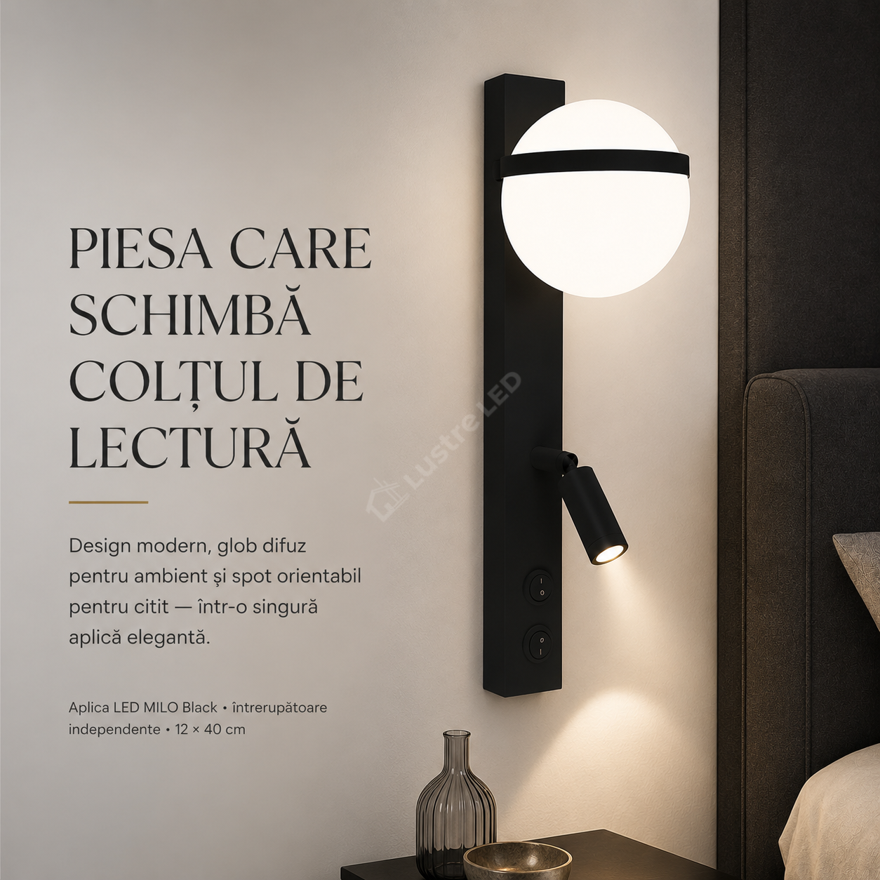 Aplica LED Perete MILO Black cu Spot Orientabil 6.8W Echivalent 34W