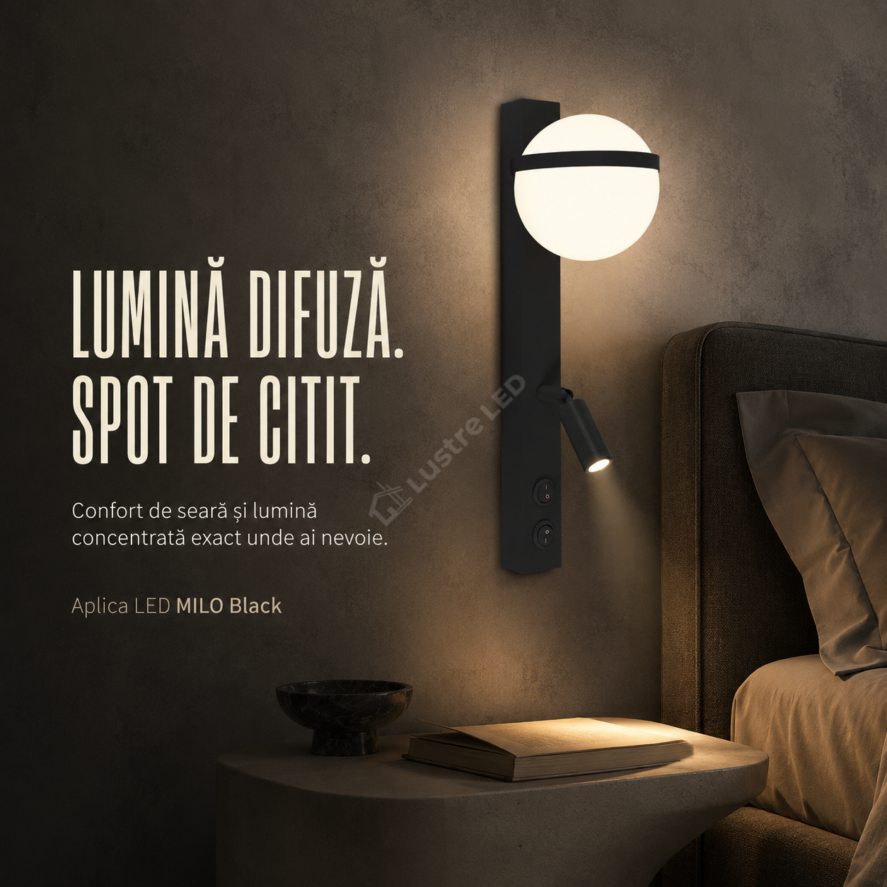 Aplica LED Perete MILO Black cu Spot Orientabil 6.8W Echivalent 34W
