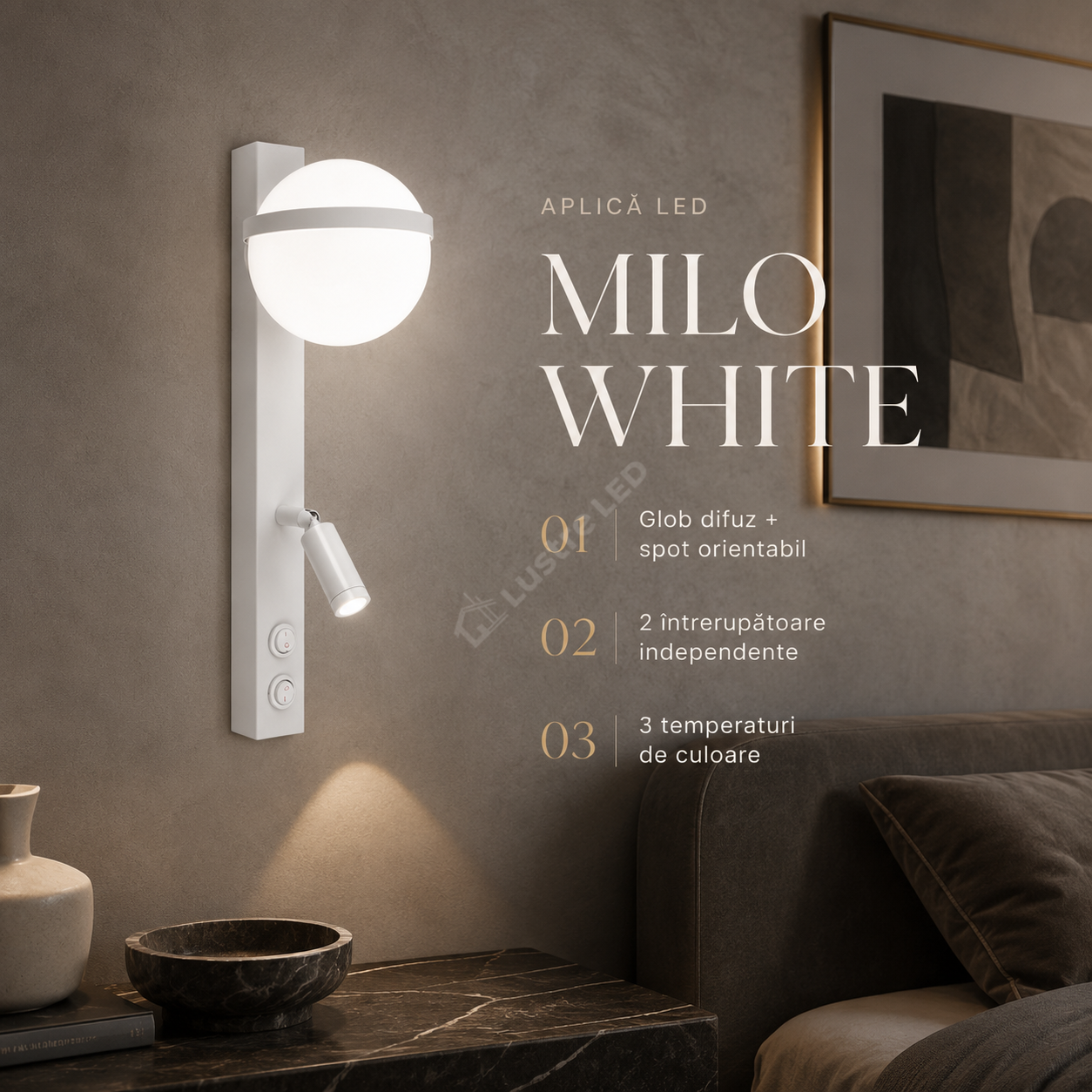 Aplica LED Perete MILO White cu Spot Orientabil 6.8W Echivalent 34W