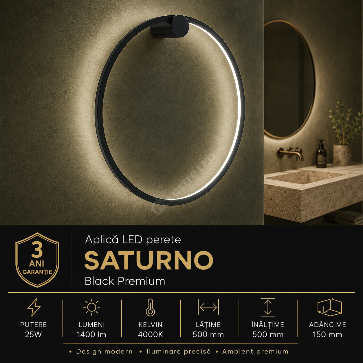 Aplica LED Perete Saturno Black Premium IP44