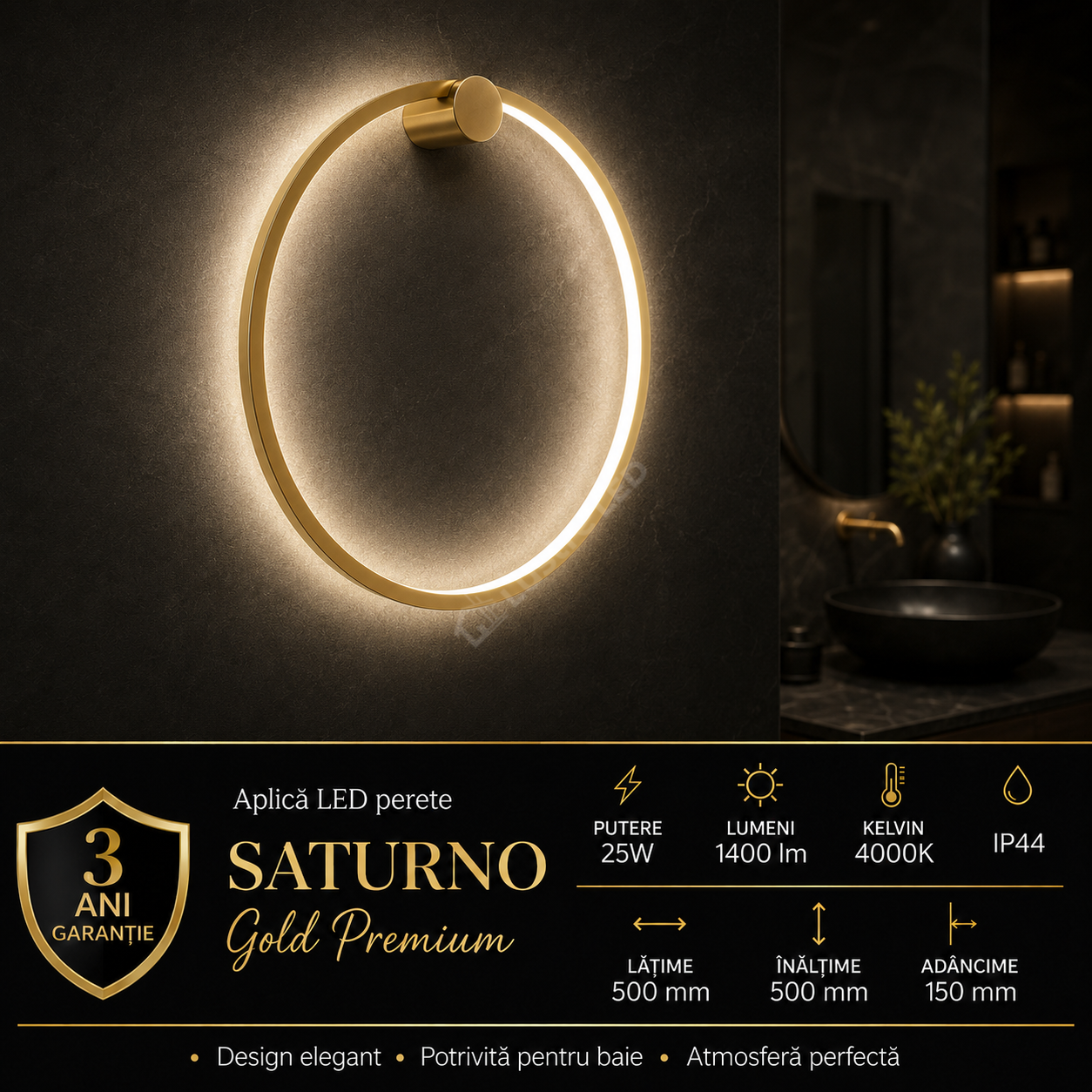 Aplica LED Perete Saturno Gold Premium IP44