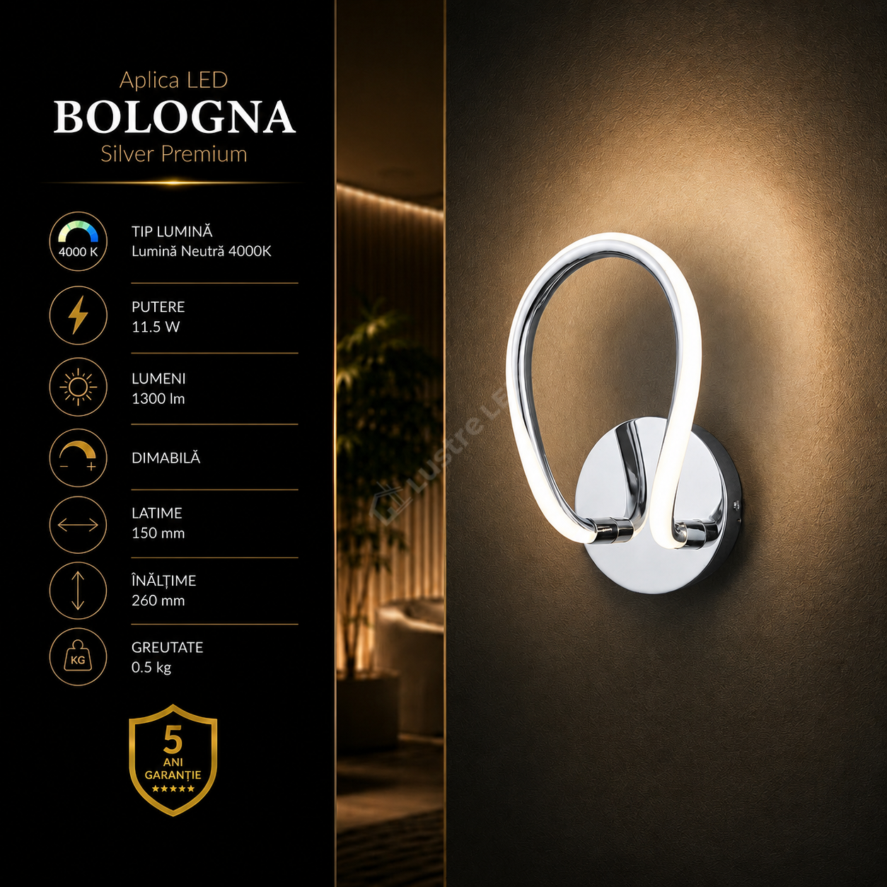 Aplica LED Premium Bologna Silver Echivalent 150W | 4000K