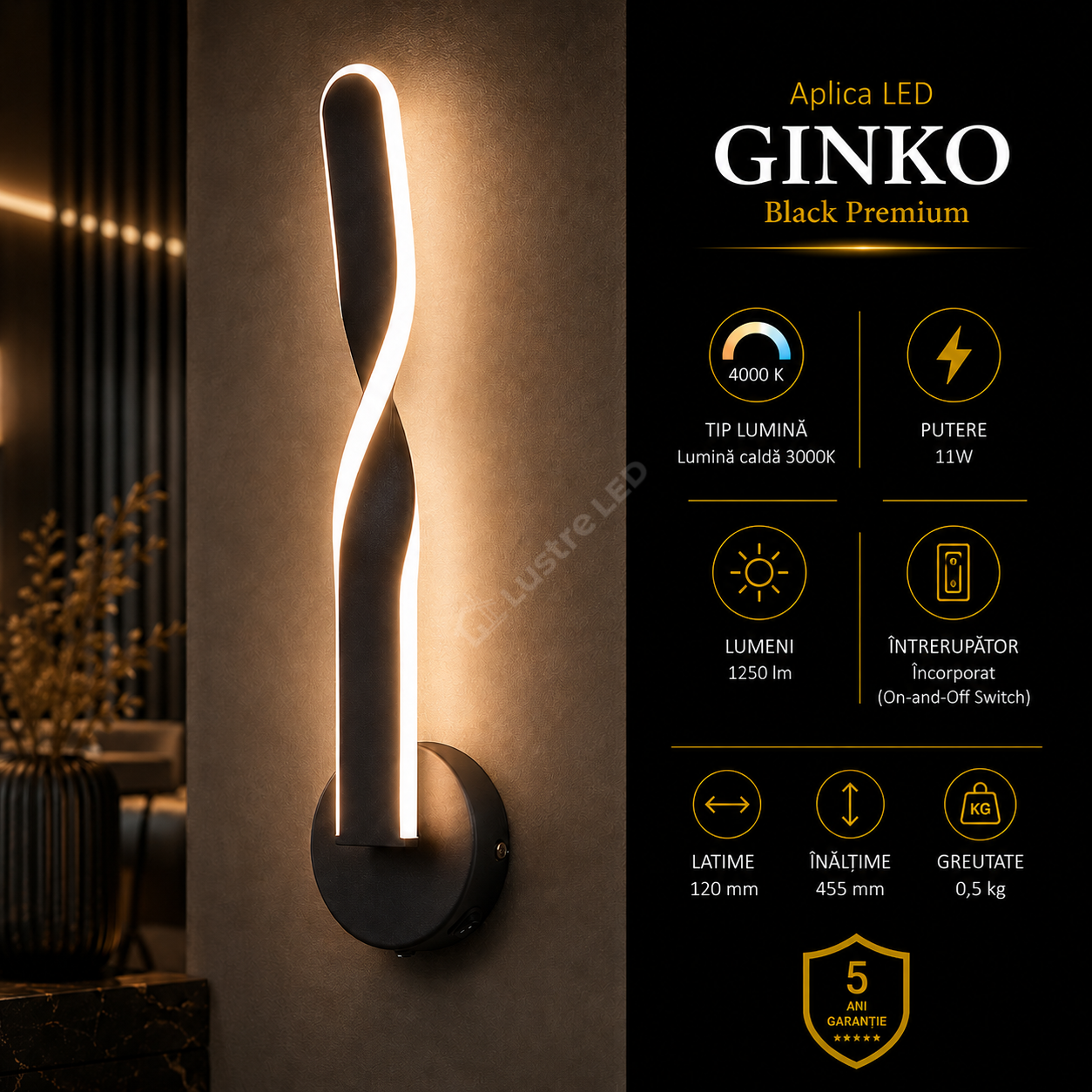 Aplica LED Premium Ginko Black Echivalent 100W | 3000K