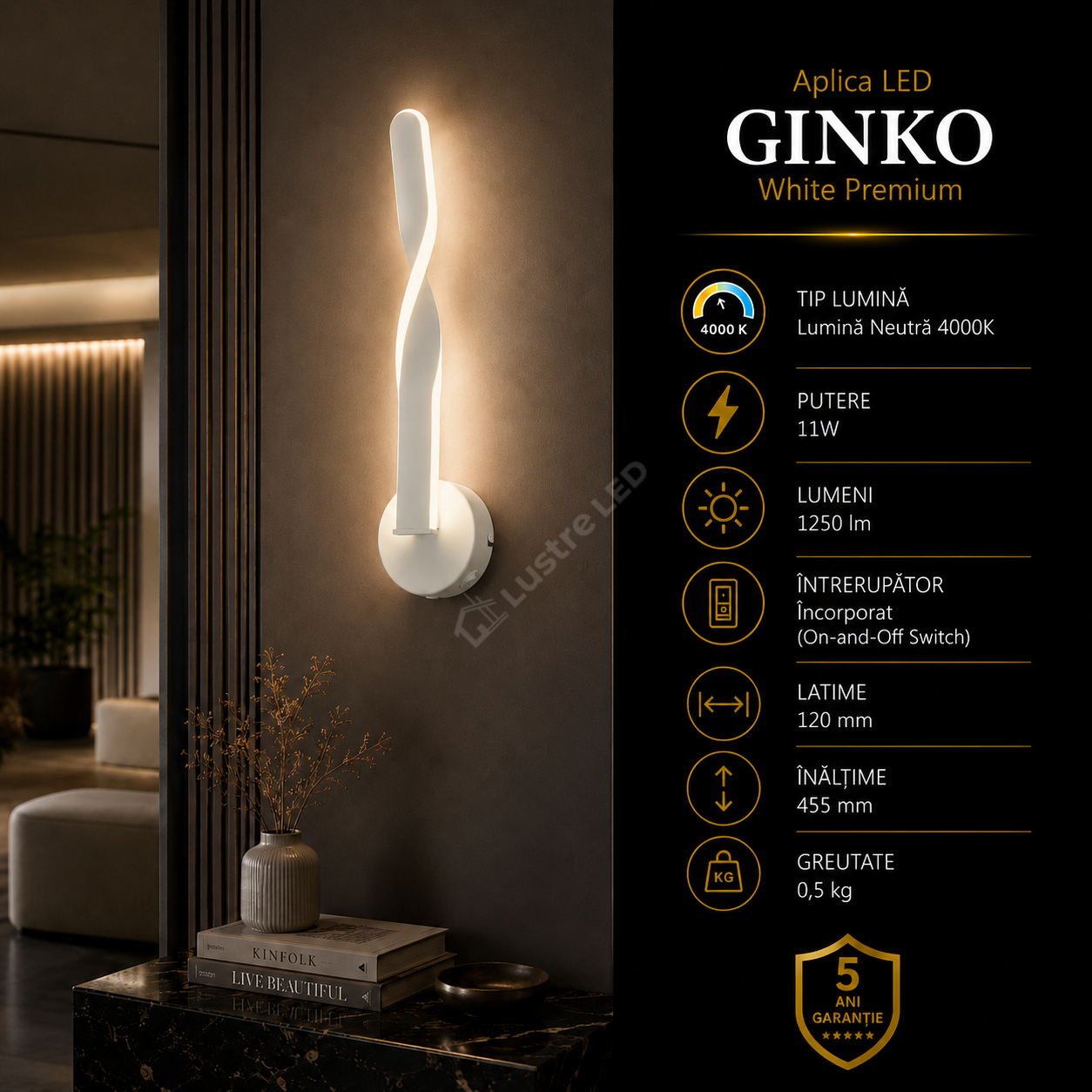Aplica LED Premium Ginko White Echivalent 100W | 4000K