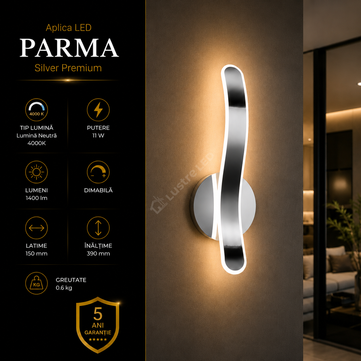 Aplica LED Premium Parma Silver Echivalent 150W | 4000K