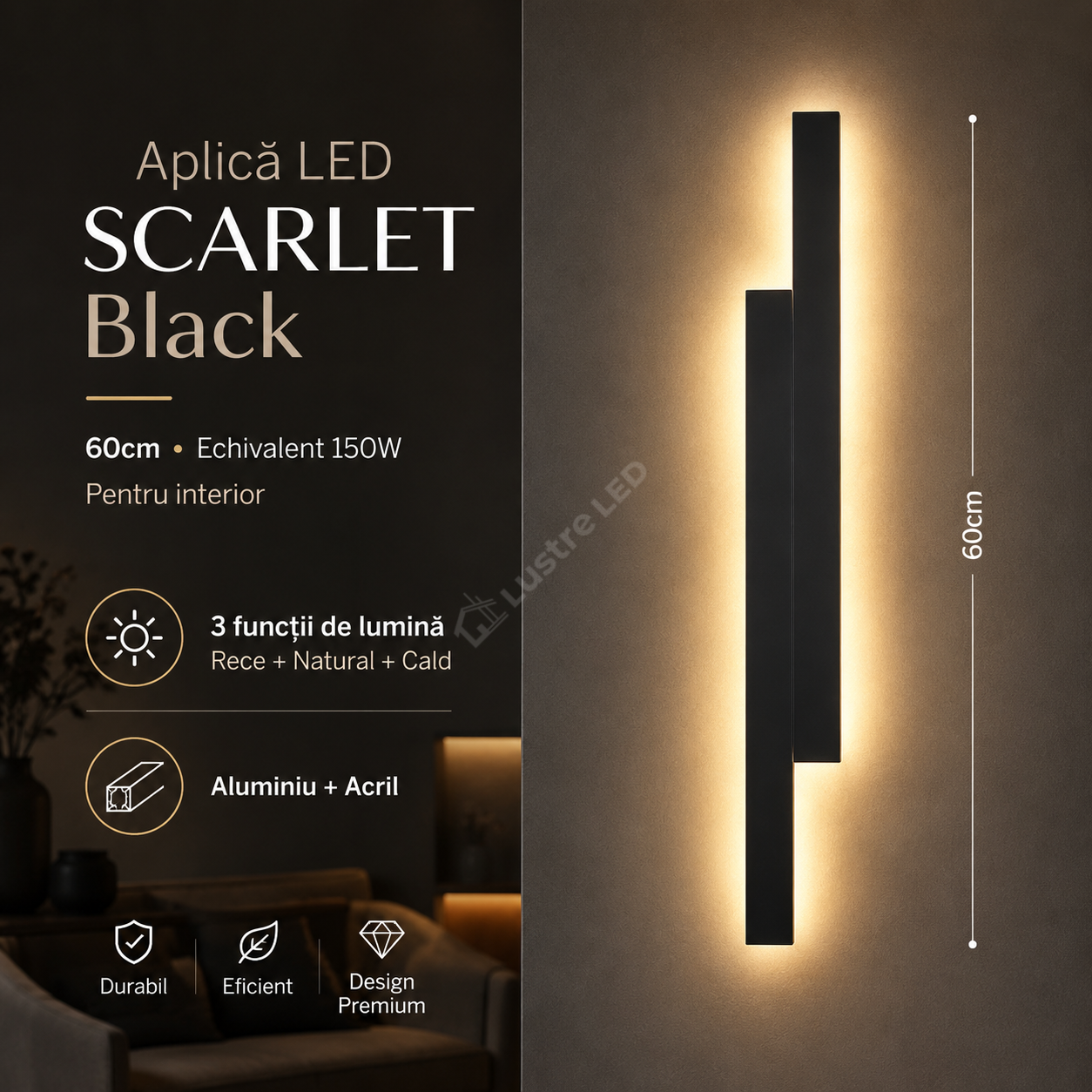 Aplica LED SCARLET Black 60cm Echivalent 150W