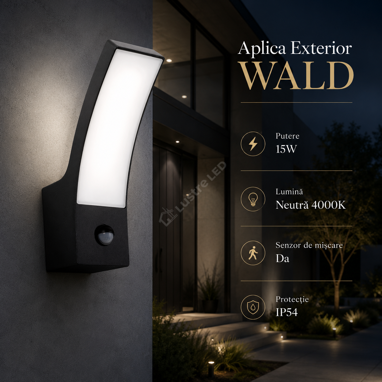 Aplica LED Senzor WALD Black 15W 4000K IP54 Echivalent 75W