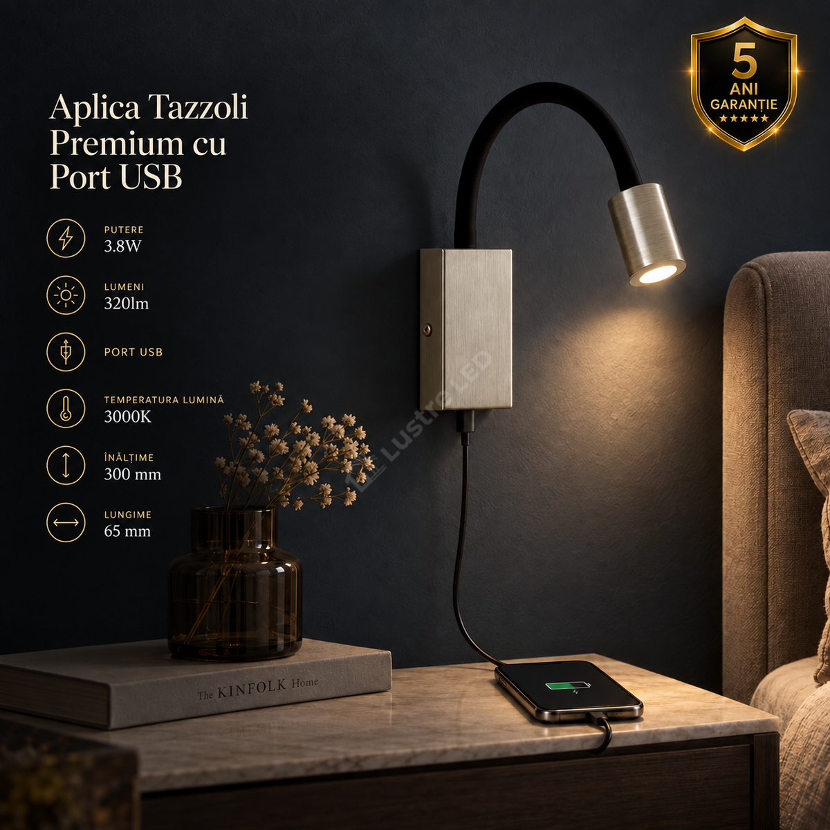 Aplica LED Tazzoli Black & Grey Premium Reglabila cu Port USB pentru Incarcare