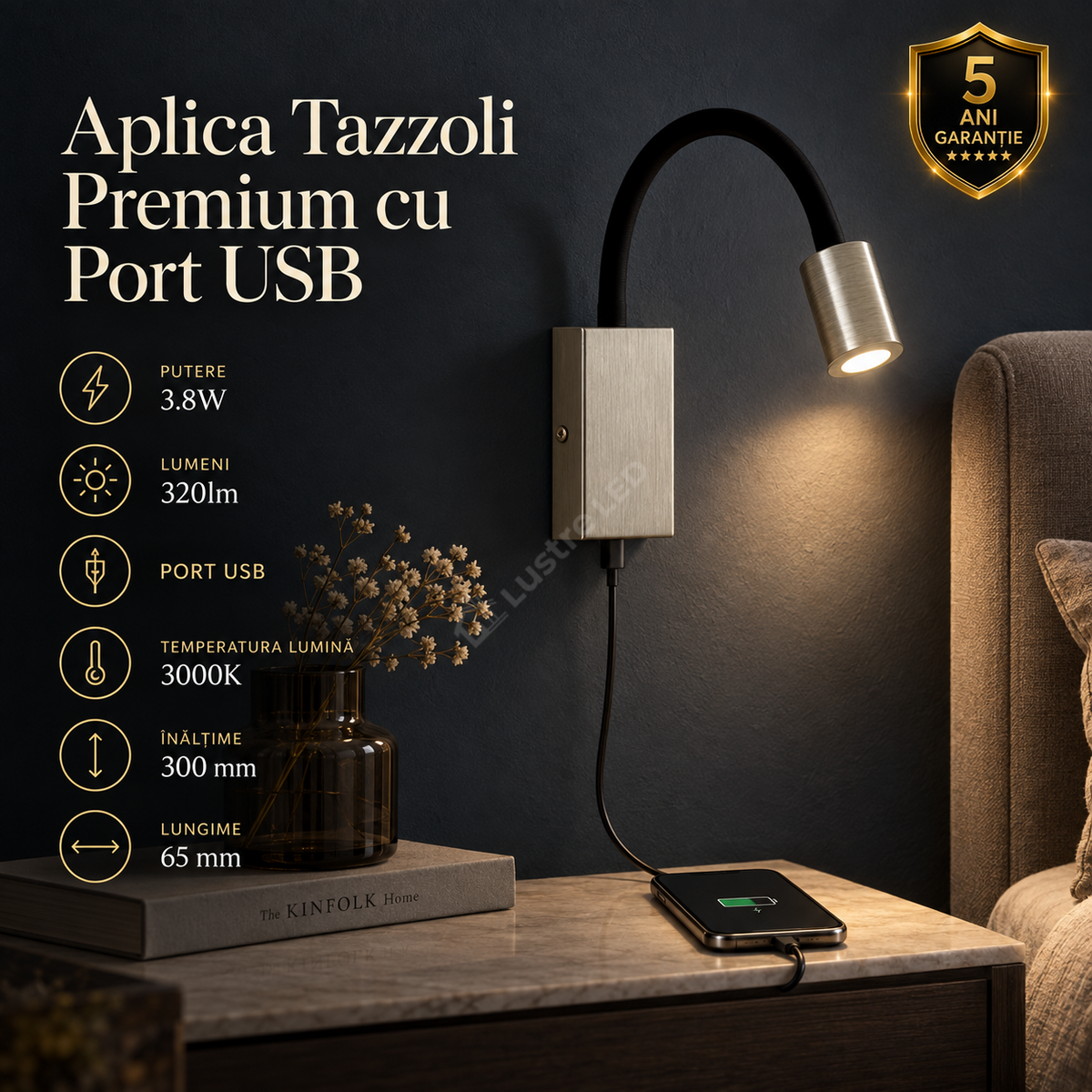 Aplica LED Tazzoli Black & Grey Premium Reglabila cu Port USB pentru Incarcare