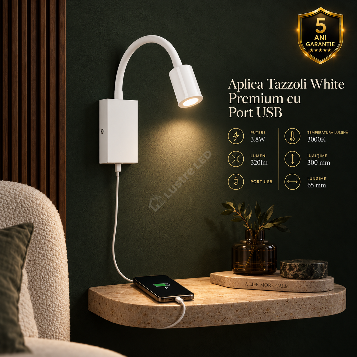 Aplica LED Tazzoli White Premium Reglabila cu Port USB pentru Incarcare