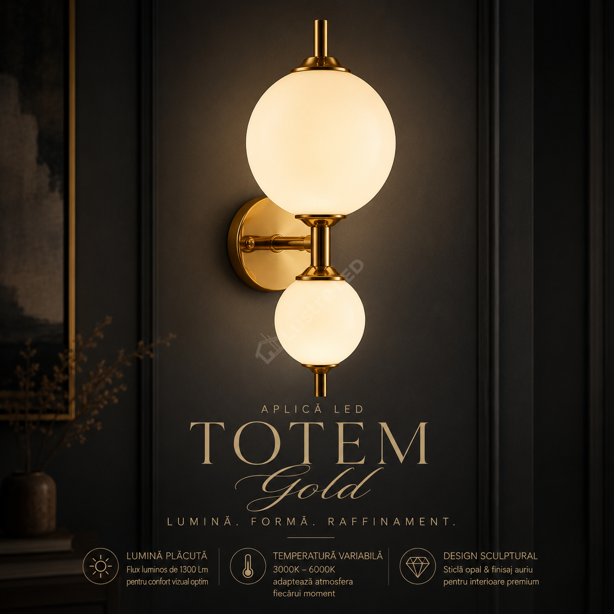 Aplica LED TOTEM Gold cu Abajur 32CM Echivalent 100W