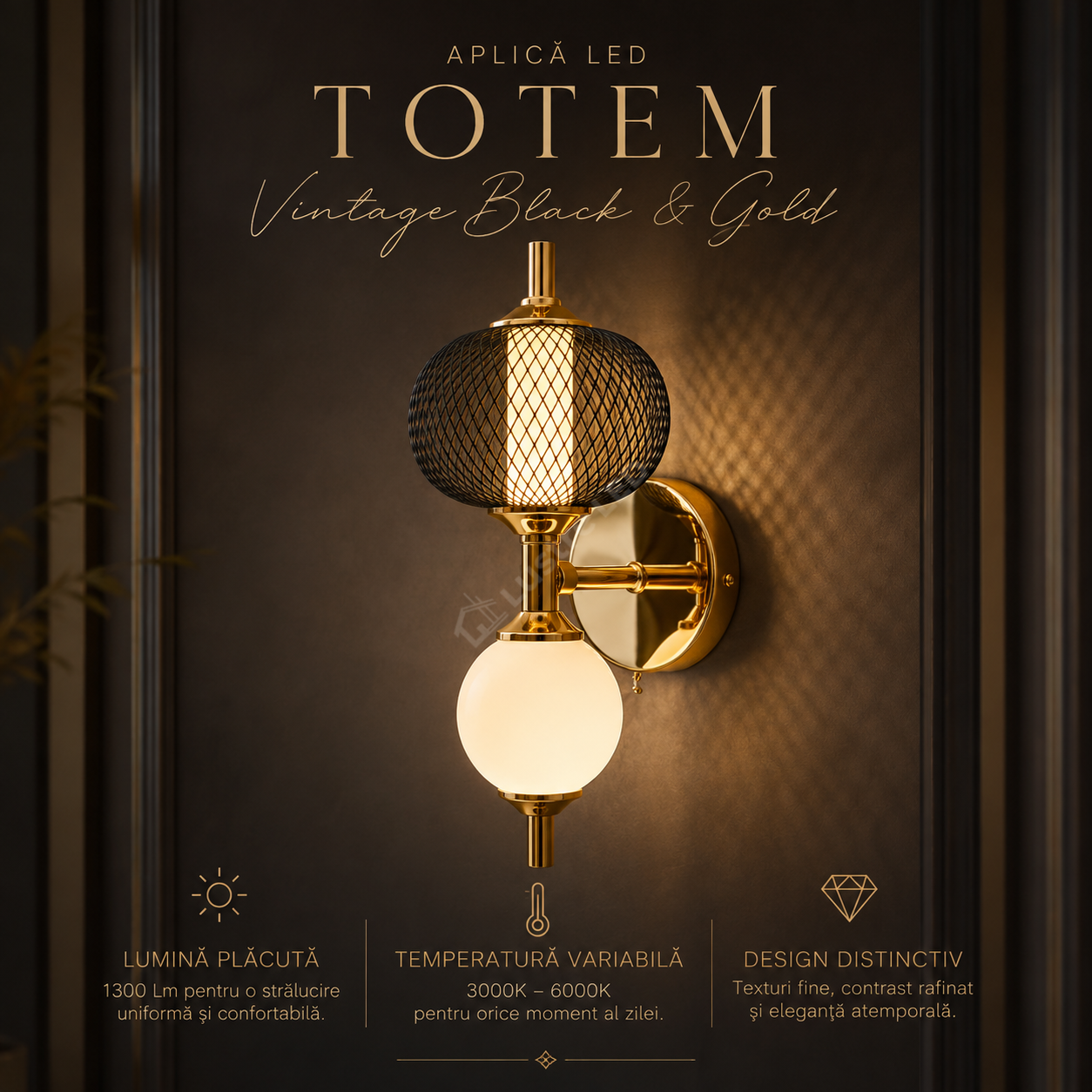 Aplica LED TOTEM Vintage Black & Gold cu Abajur 28CM Echivalent 100W