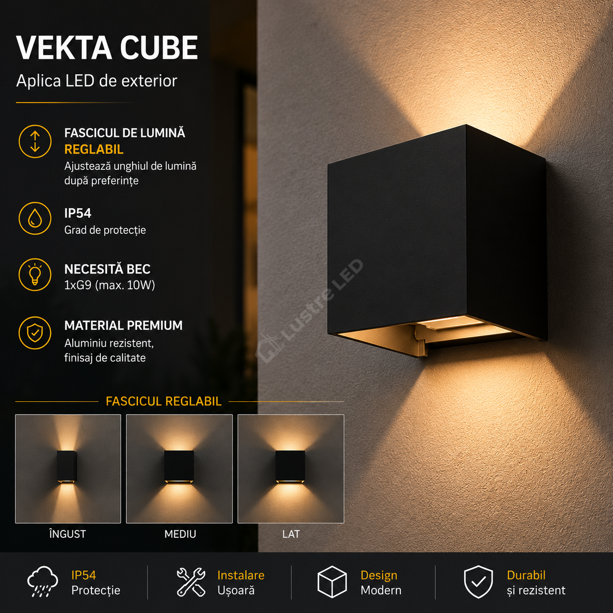Aplica LED VEKTA CUBE Black 1xG9 IP54