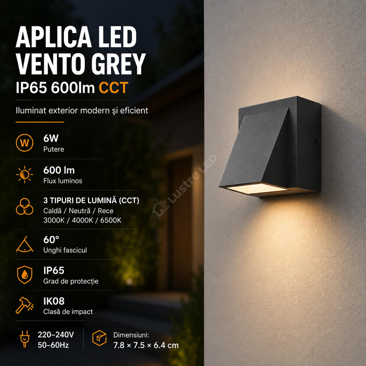 Aplica LED VENTO Grey IP65 600lm CCT