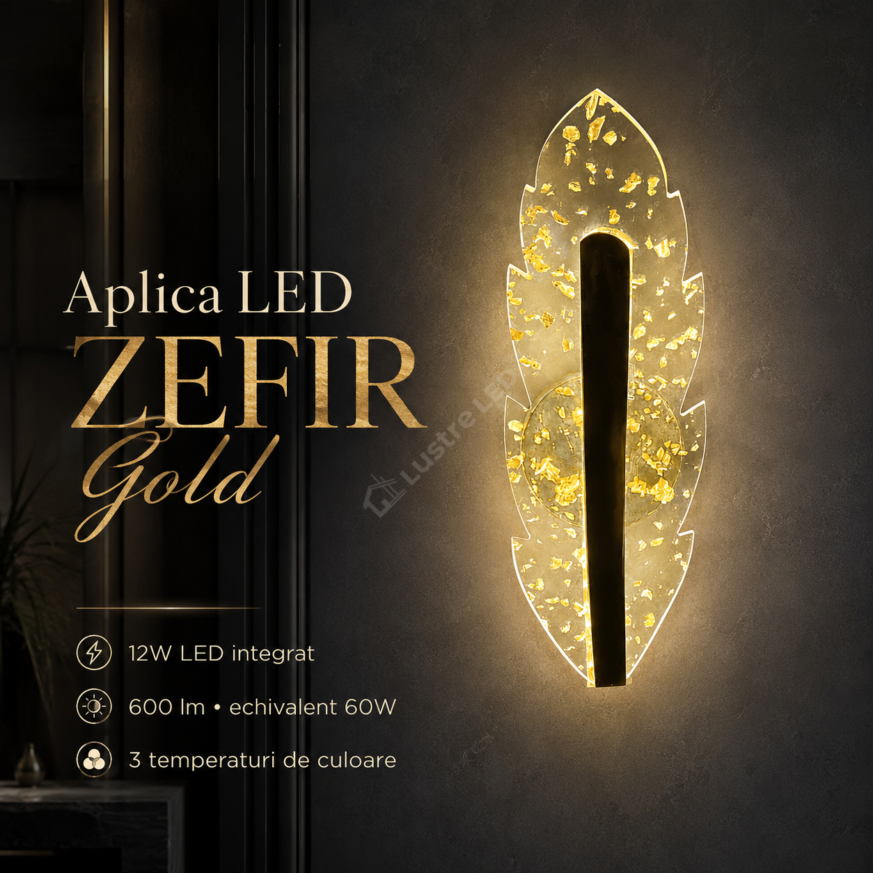 Aplica LED ZEFIR 3 Functii Gold 32CM 12W Echivalent 60W