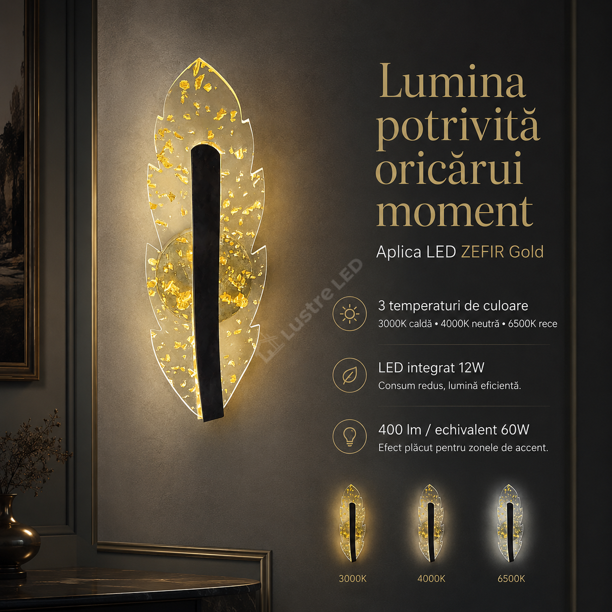 Aplica LED ZEFIR 3 Functii Gold 32CM 12W Echivalent 60W