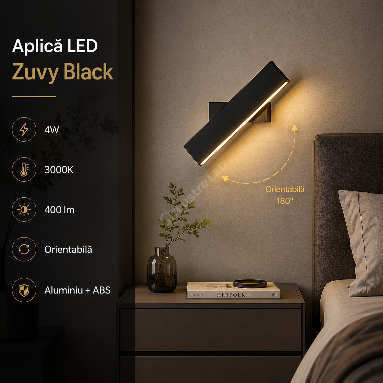 Aplica LED Zuvy Black Orientabila 4W 3000K 400lm