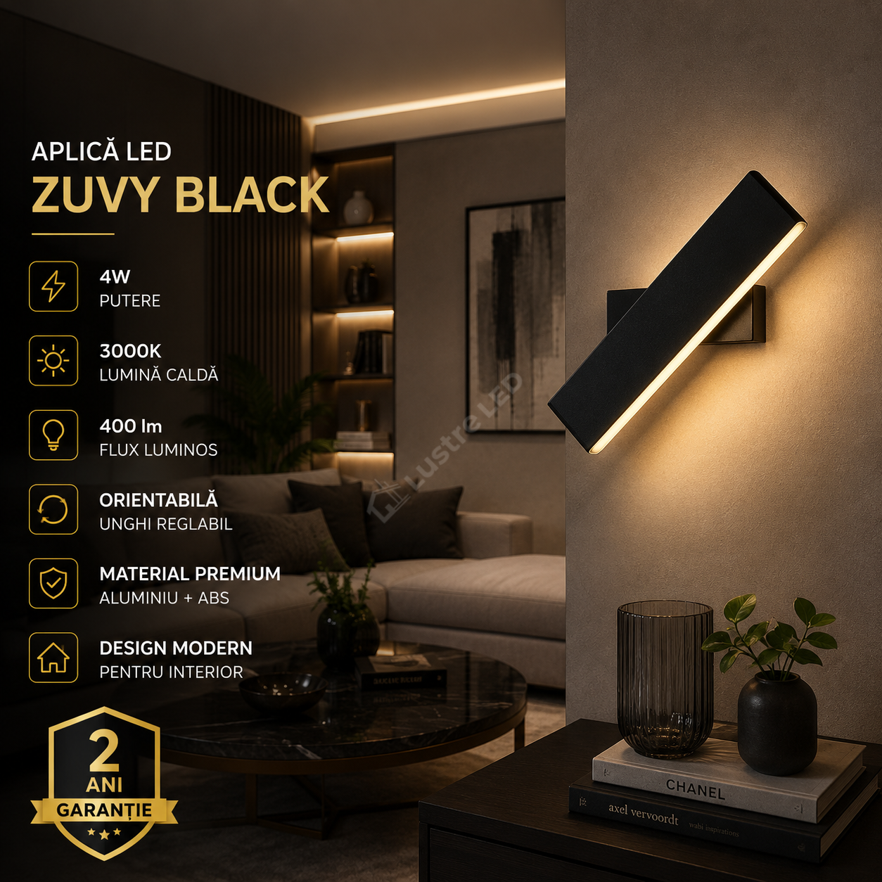 Aplica LED Zuvy Black Orientabila 4W 3000K 400lm
