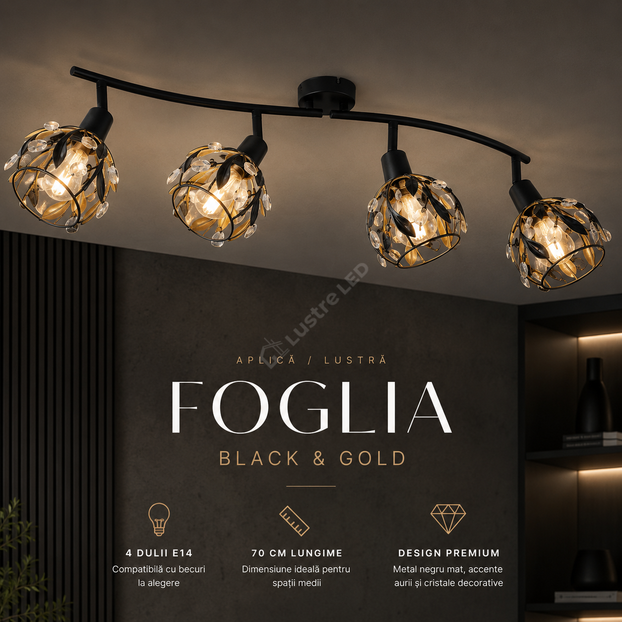 Aplica/Lustra FOGLIA 4xE14 Black&Gold 70CM