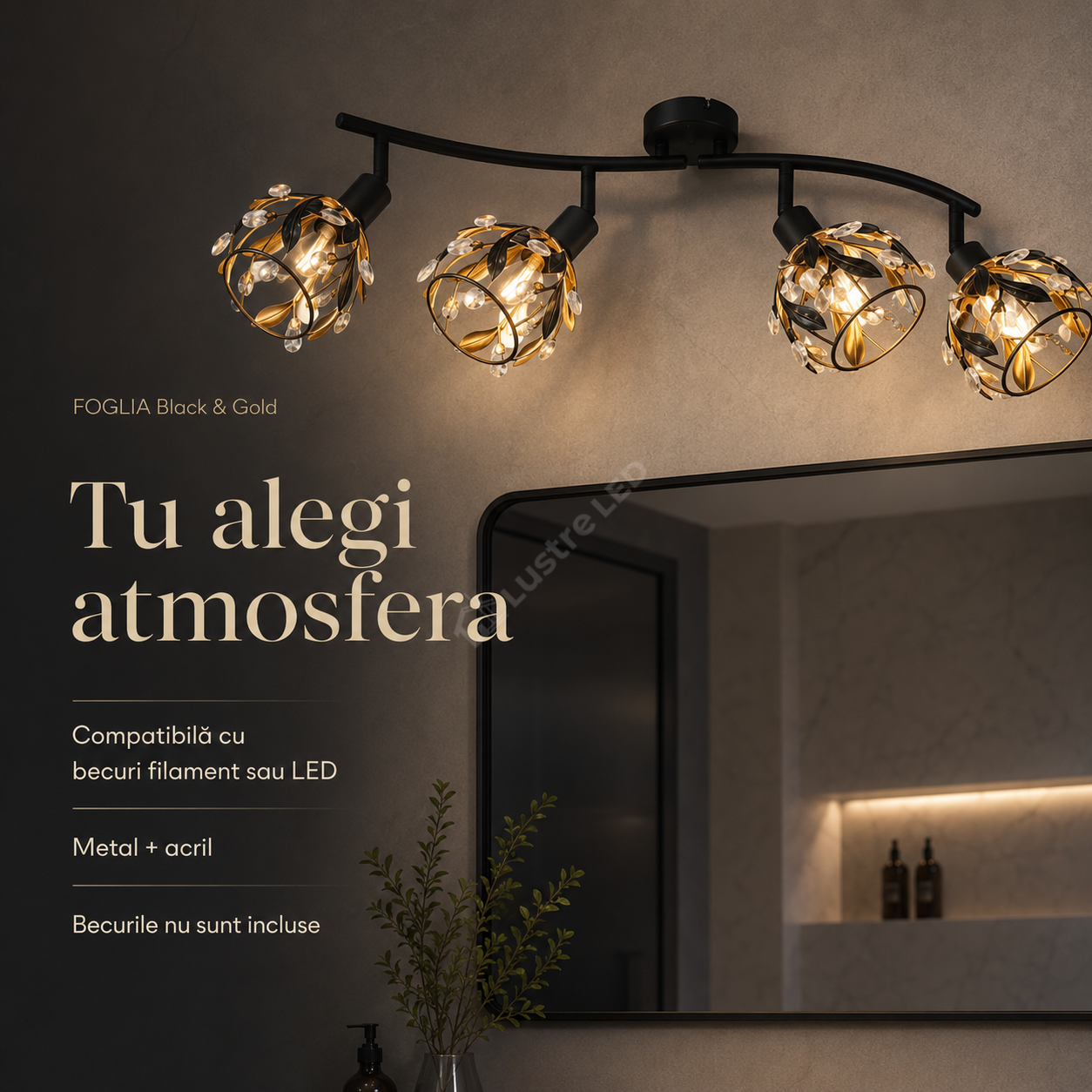 Aplica/Lustra FOGLIA 4xE14 Black&Gold 70CM
