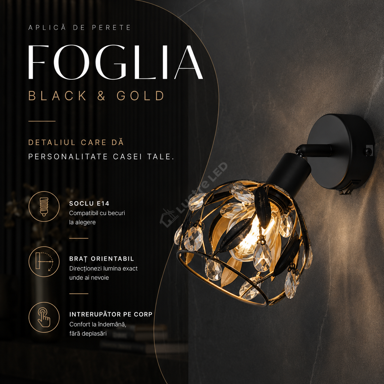 Aplica Perete FOGLIA Black&Gold 1xE14 14CM Orientabila