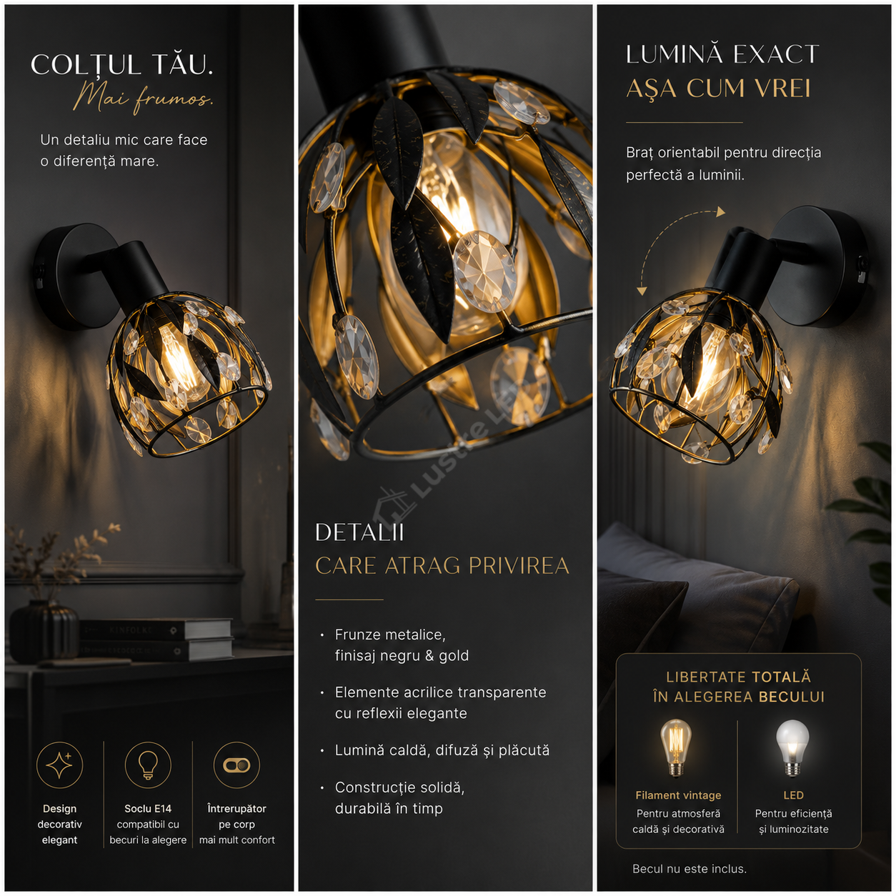 Aplica Perete FOGLIA Black&Gold 1xE14 14CM Orientabila