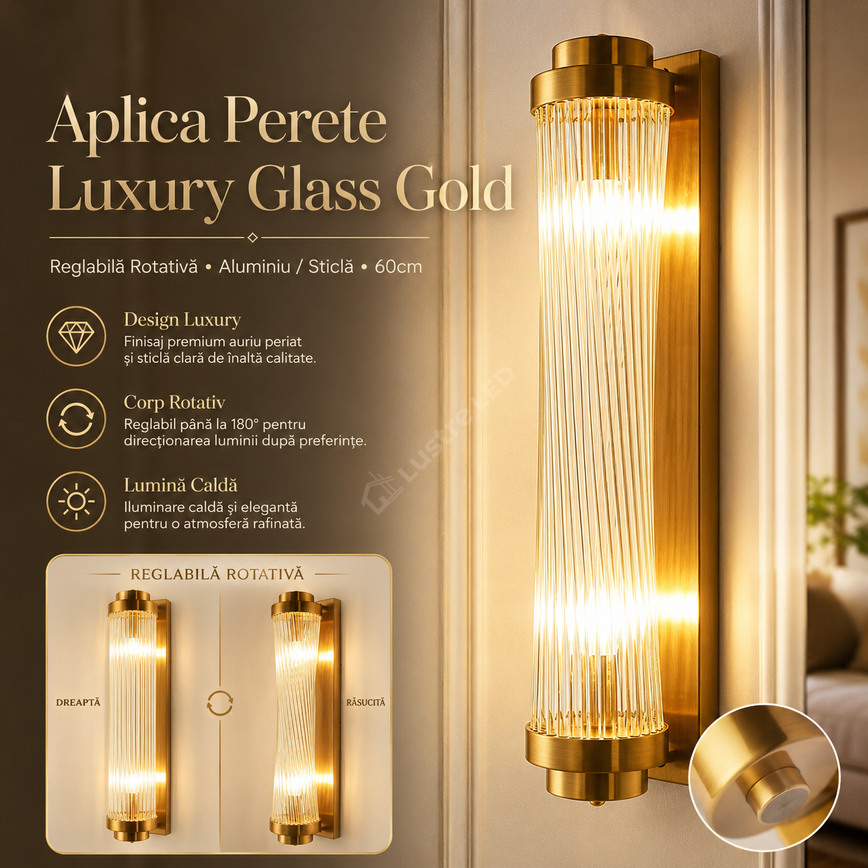 Aplica Perete Luxury Glass Gold Reglabila