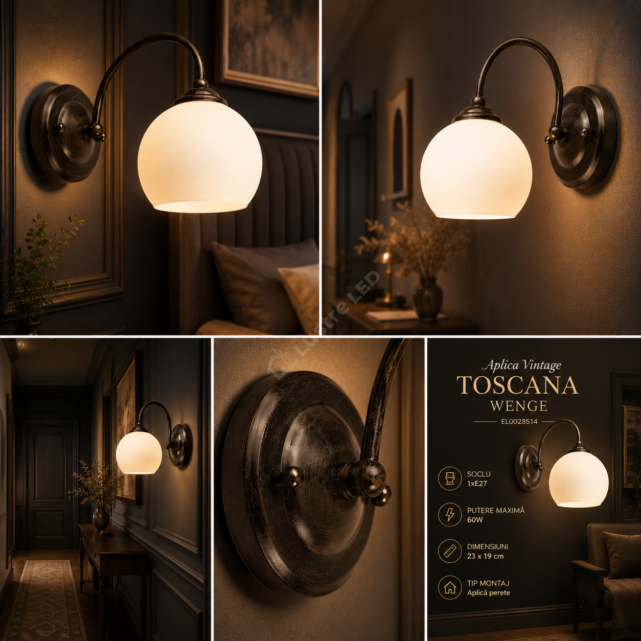 Aplica Vintage TOSCANA Wenge cu Abajur Sticla Alba 1xE27